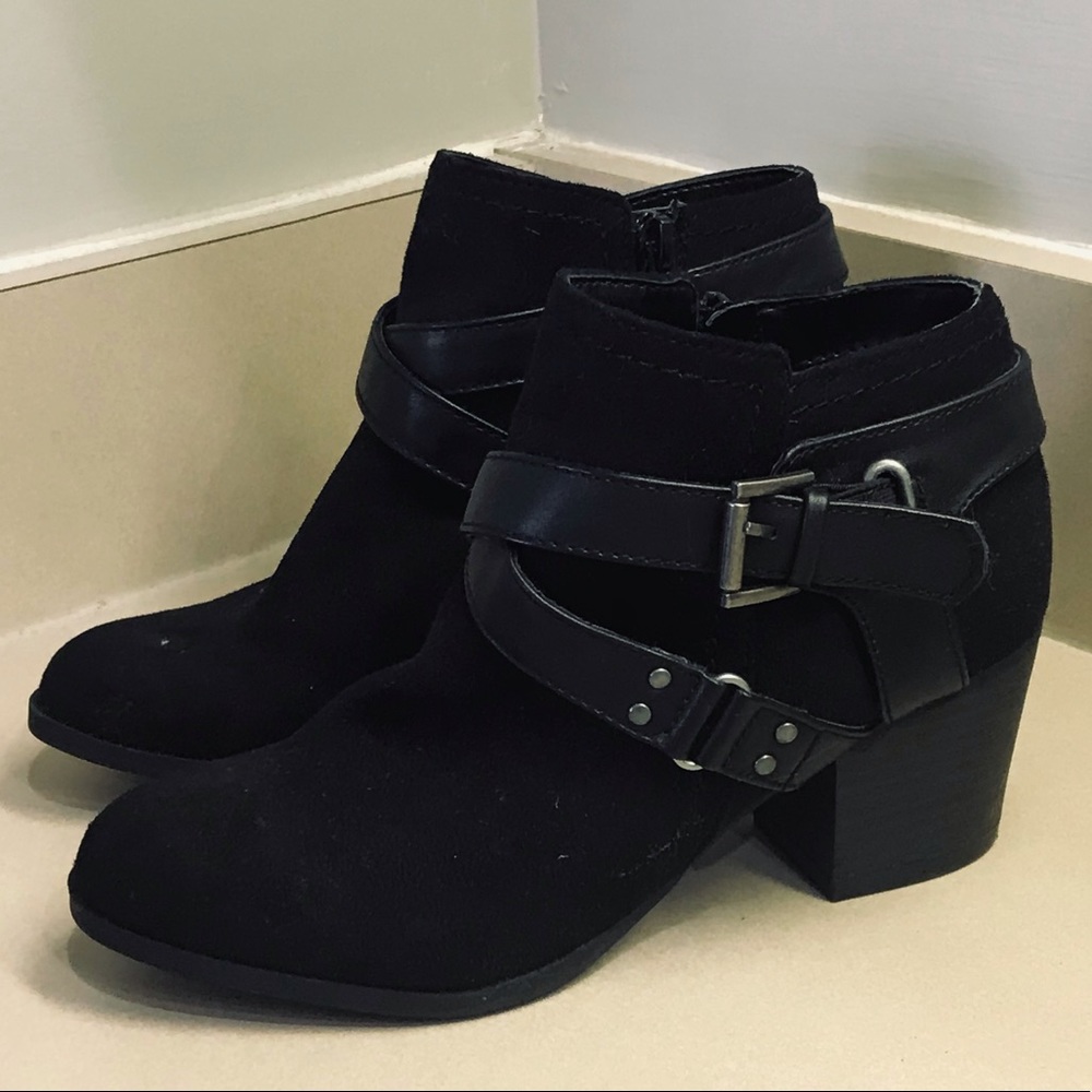 Black Suede Booties with Silver Buckles